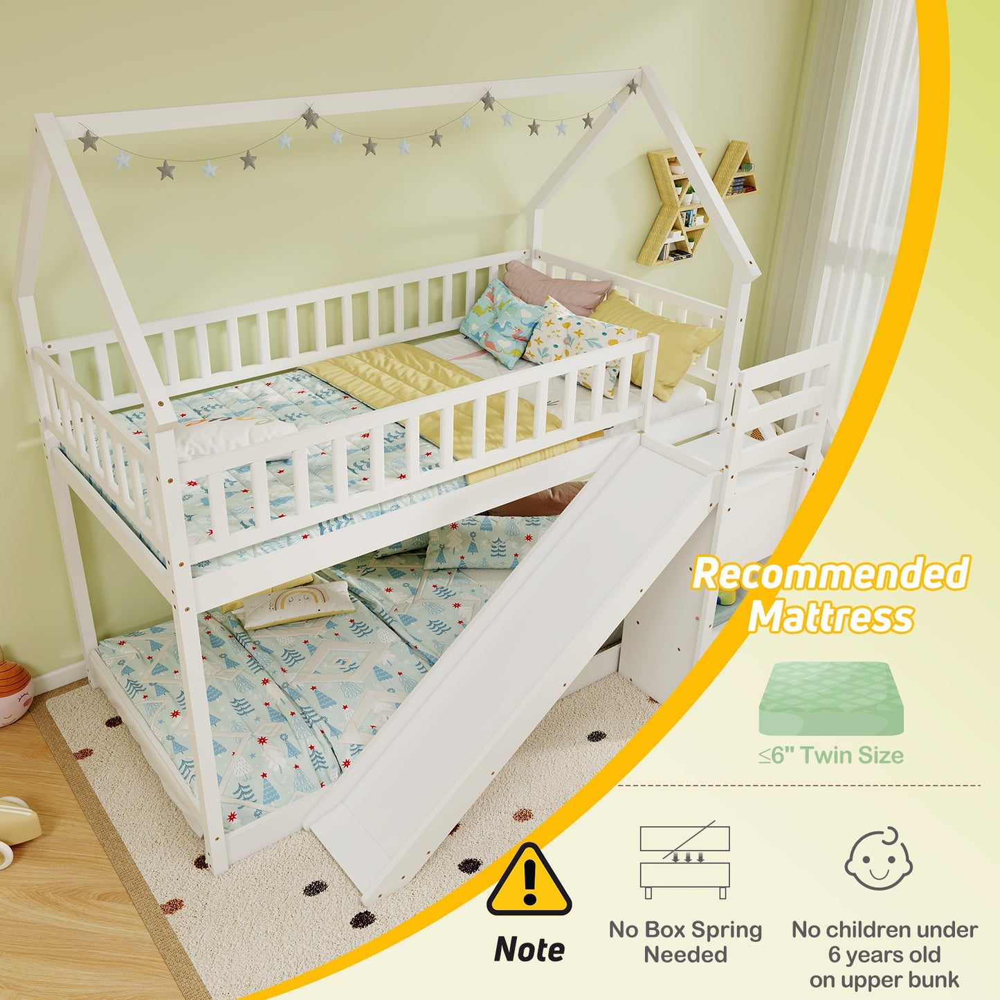 House-Shaped Twin Over Twin Bunk Bed with Fun Slide, Storage Staircase, and Guardrails