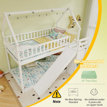 House-Shaped Twin Over Twin Bunk Bed with Fun Slide, Storage Staircase, and Guardrails
