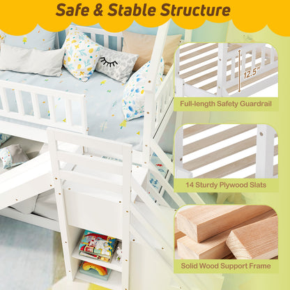 House-Shaped Twin Over Twin Bunk Bed with Fun Slide, Storage Staircase, and Guardrails