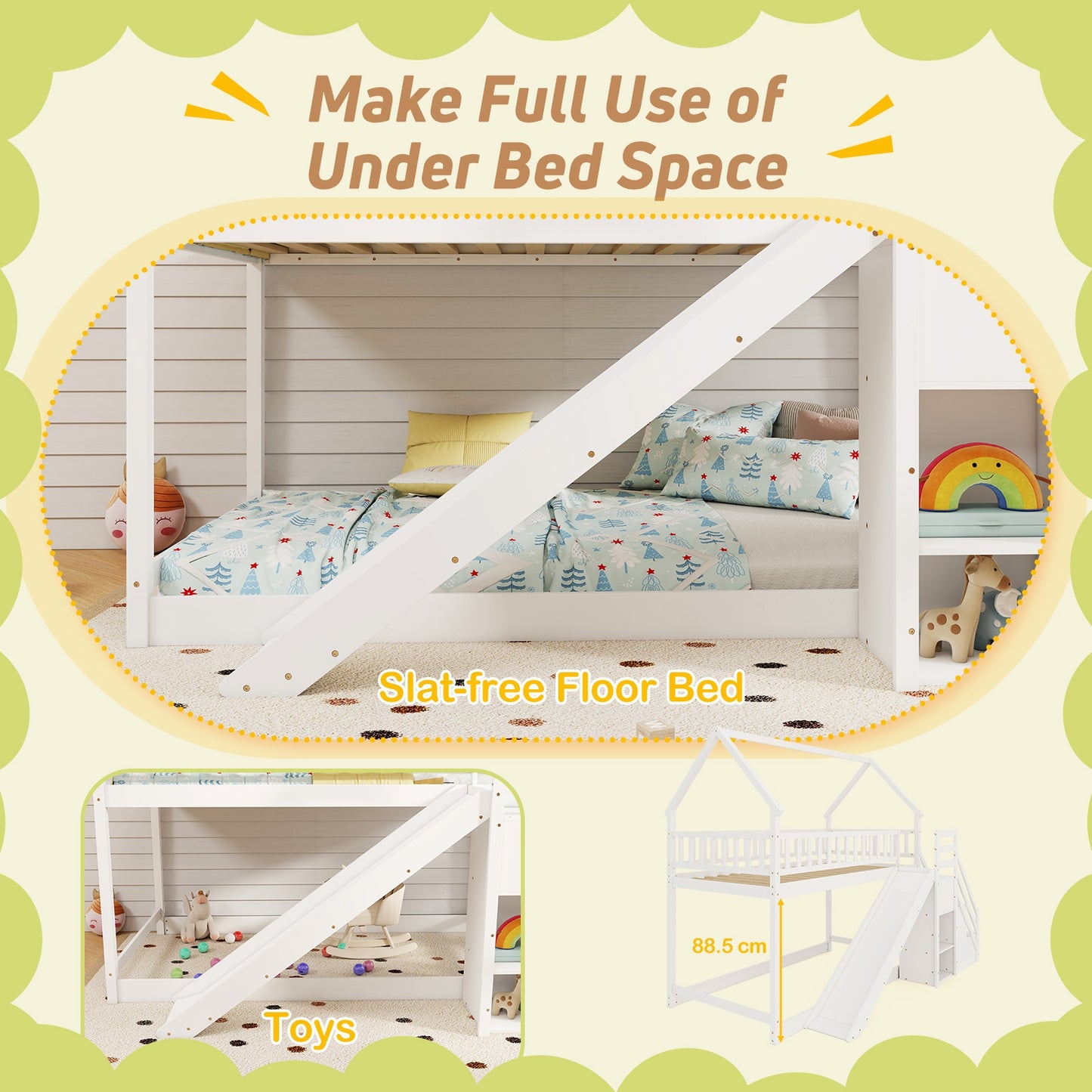 House-Shaped Twin Over Twin Bunk Bed with Fun Slide, Storage Staircase, and Guardrails