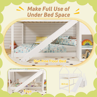 House-Shaped Twin Over Twin Bunk Bed with Fun Slide, Storage Staircase, and Guardrails