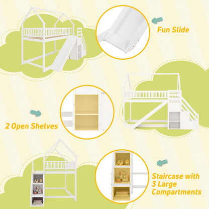 House-Shaped Twin Over Twin Bunk Bed with Fun Slide, Storage Staircase, and Guardrails