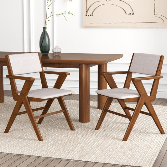 Farmhouse Dining Chairs with Curved Back and Linen Seat Rubber Wood Frame Set of 2