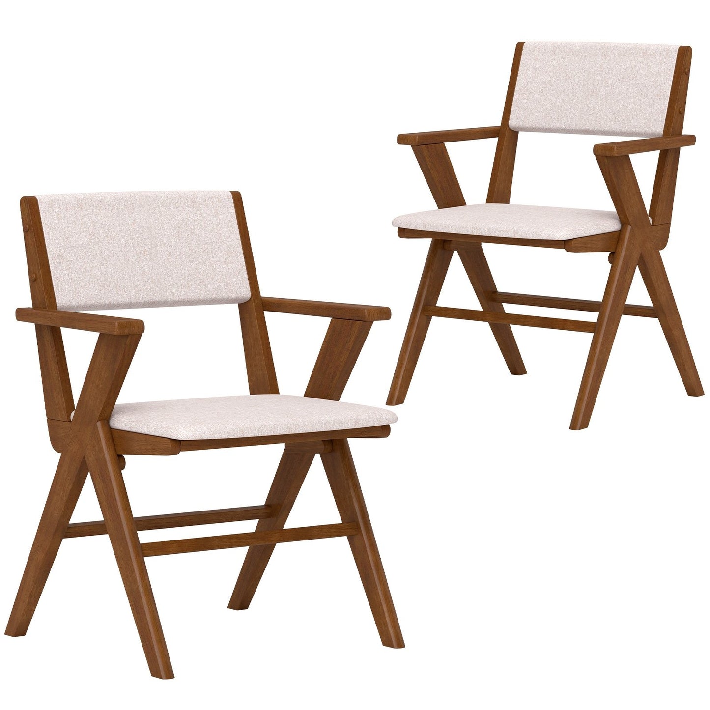 Farmhouse Dining Chairs with Curved Back and Linen Seat Rubber Wood Frame Set of 2