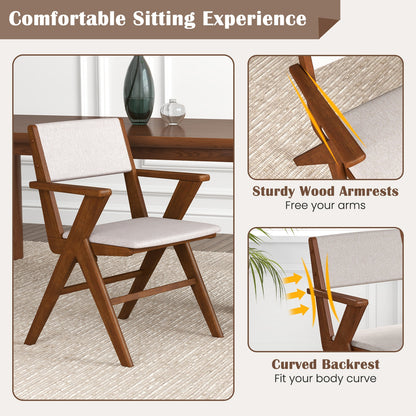 Farmhouse Dining Chairs with Curved Back and Linen Seat Rubber Wood Frame Set of 2