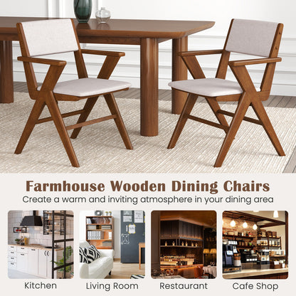 Farmhouse Dining Chairs with Curved Back and Linen Seat Rubber Wood Frame Set of 2