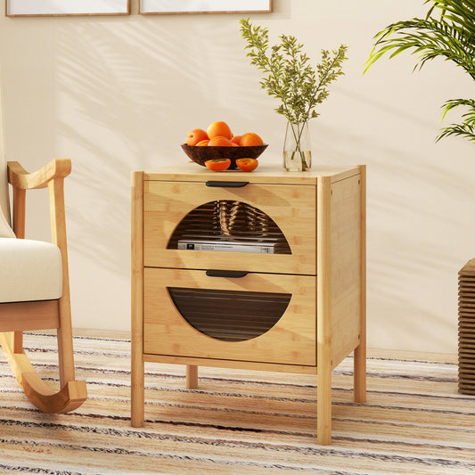 Bamboo Nightstand with 2 Drawers and Reeded Glass Fronts for Bedroom Storage