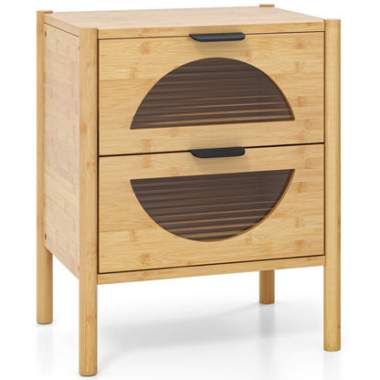 Bamboo Nightstand with 2 Drawers and Reeded Glass Fronts for Bedroom Storage