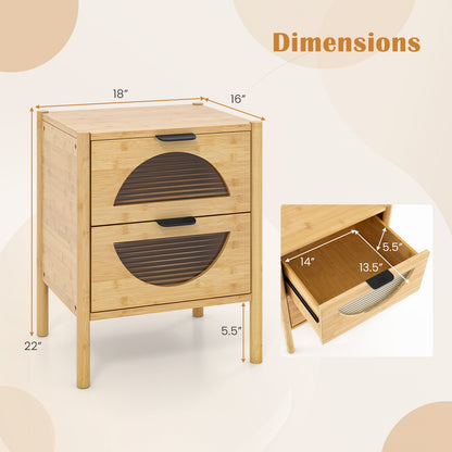 Bamboo Nightstand with 2 Drawers and Reeded Glass Fronts for Bedroom Storage