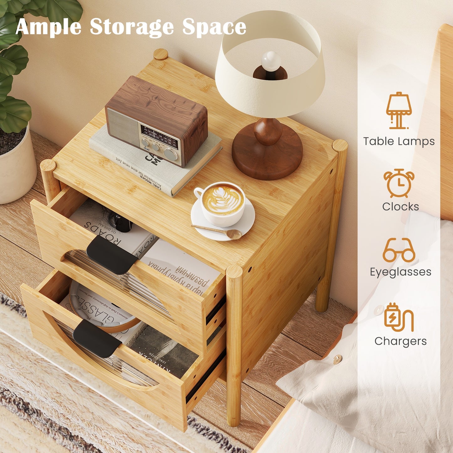 Bamboo Nightstand with 2 Drawers and Reeded Glass Fronts for Bedroom Storage