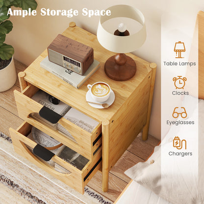 Bamboo Nightstand with 2 Drawers and Reeded Glass Fronts for Bedroom Storage