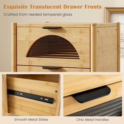 Bamboo Nightstand with 2 Drawers and Reeded Glass Fronts for Bedroom Storage