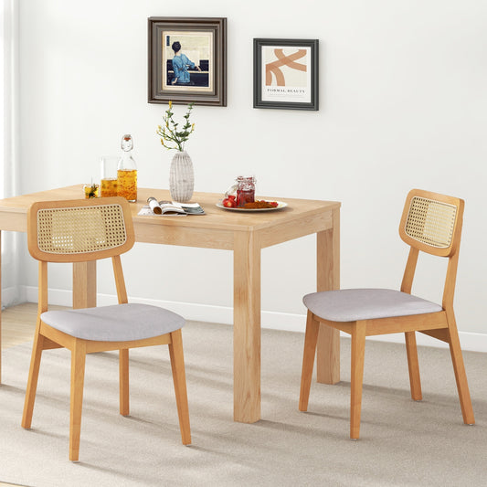 Natural Wood Rattan Back Dining Chairs with Linen Seat and Curved Backrest Set of 2