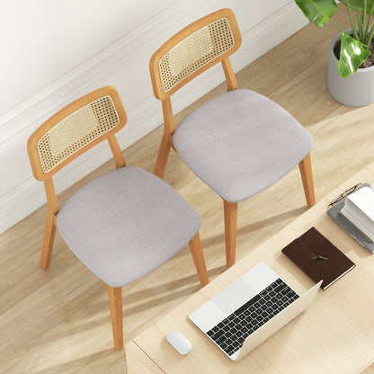Natural Wood Rattan Back Dining Chairs with Linen Seat and Curved Backrest Set of 2