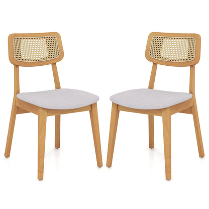 Natural Wood Rattan Back Dining Chairs with Linen Seat and Curved Backrest Set of 2