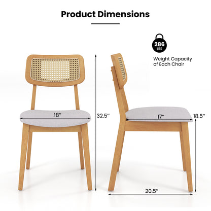 Natural Wood Rattan Back Dining Chairs with Linen Seat and Curved Backrest Set of 2