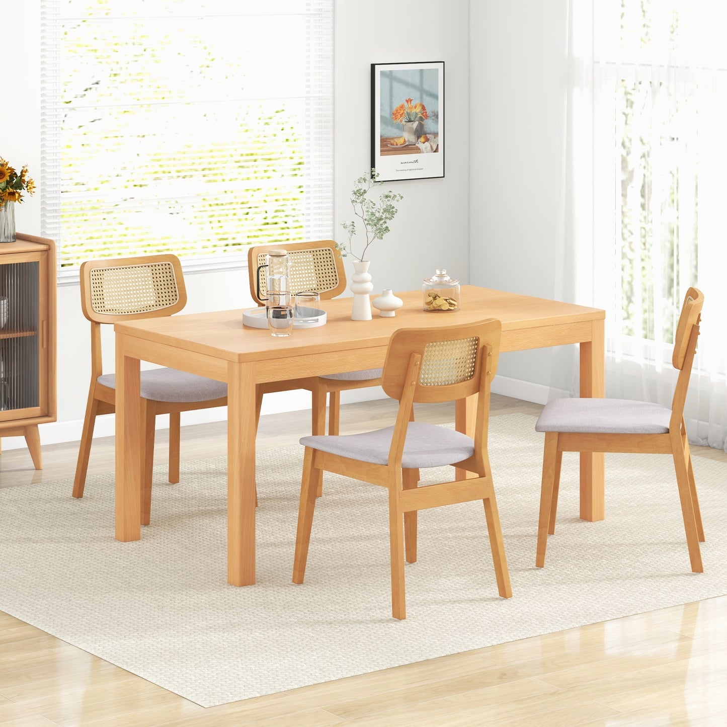 Natural Wood Rattan Back Dining Chairs with Linen Seat and Curved Backrest Set of 2