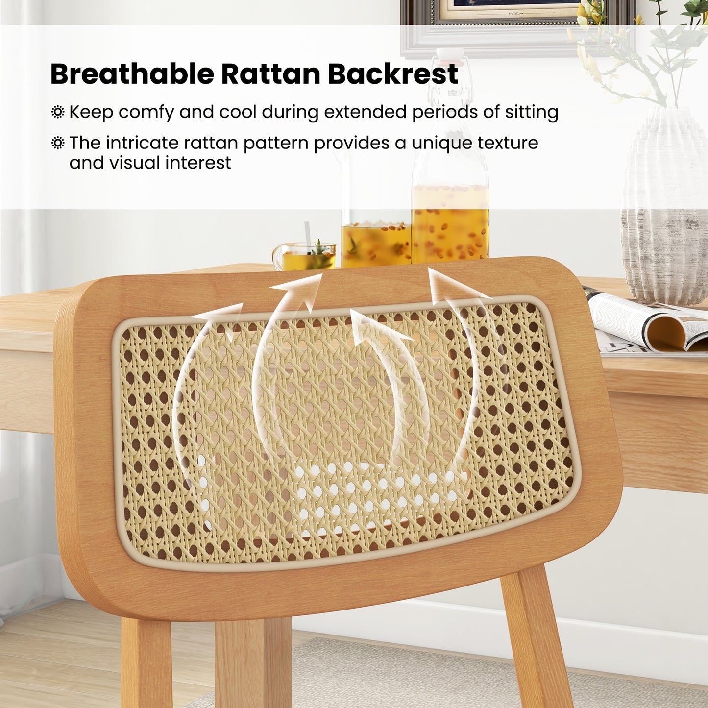 Natural Wood Rattan Back Dining Chairs with Linen Seat and Curved Backrest Set of 2