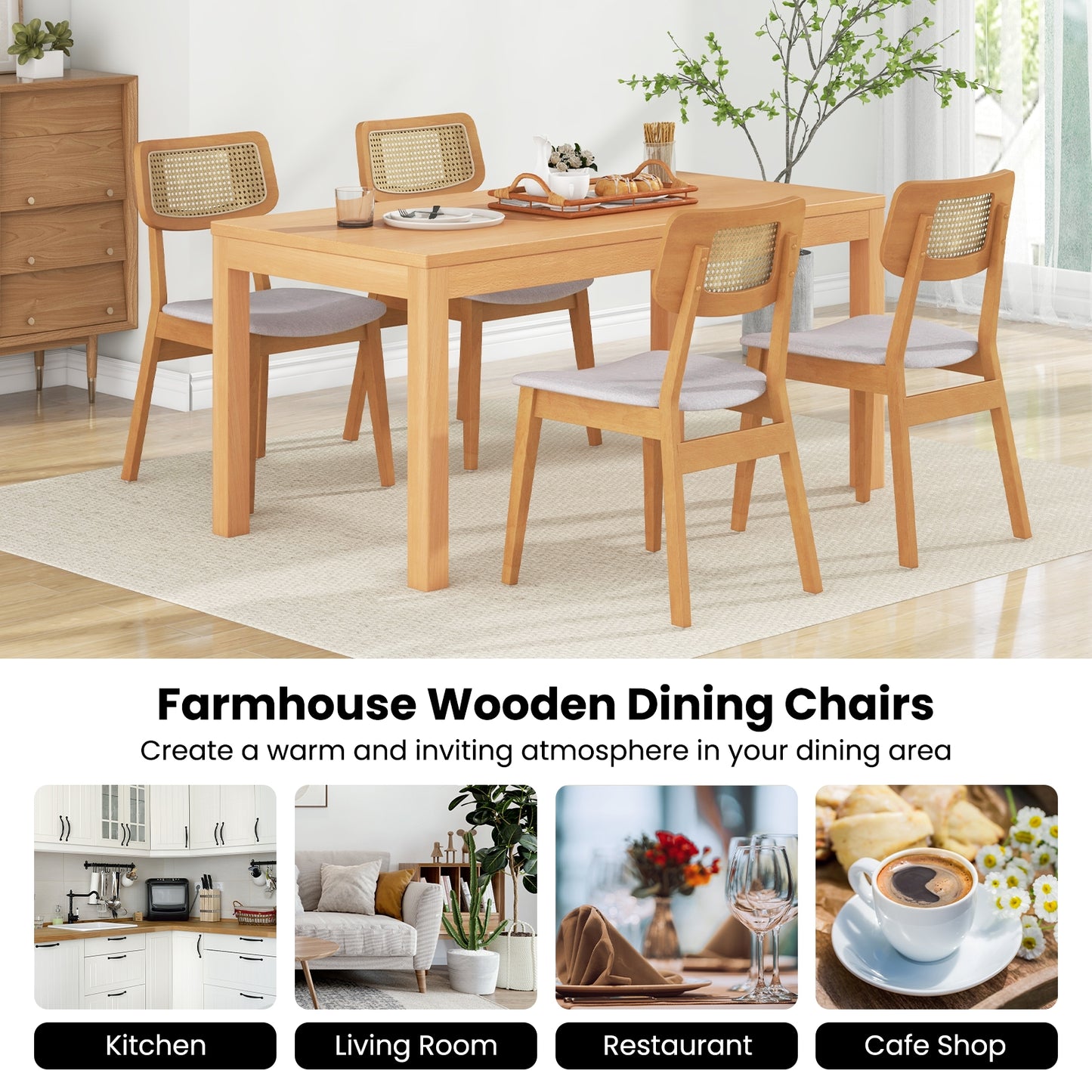 Natural Wood Rattan Back Dining Chairs with Linen Seat and Curved Backrest Set of 2