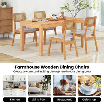 Natural Wood Rattan Back Dining Chairs with Linen Seat and Curved Backrest Set of 2