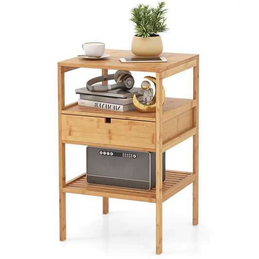 Bamboo Nightstand with Drawer and Two Shelves