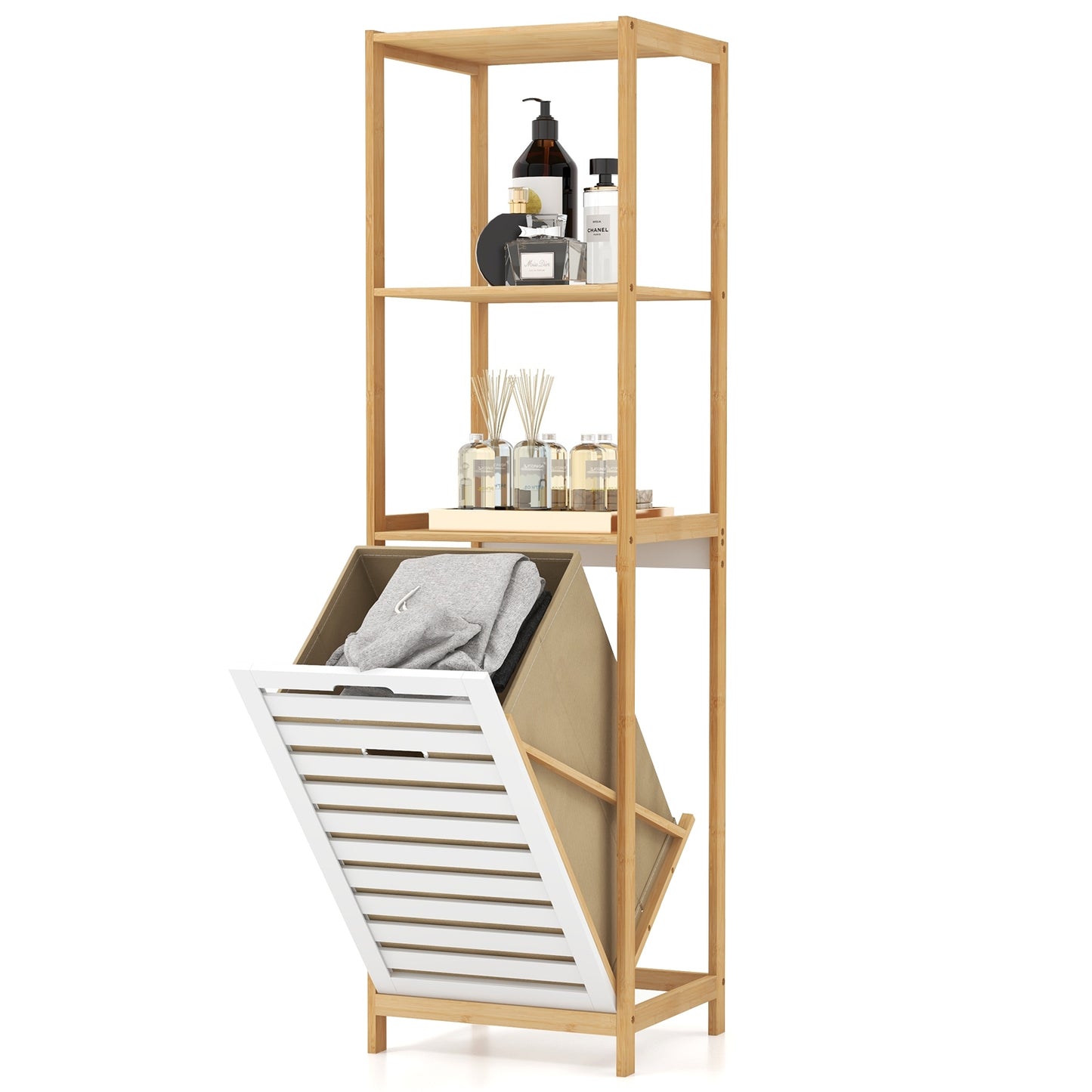 4 Tier Bamboo Laundry Hamper with Tilt-Out Design & Storage Shelves