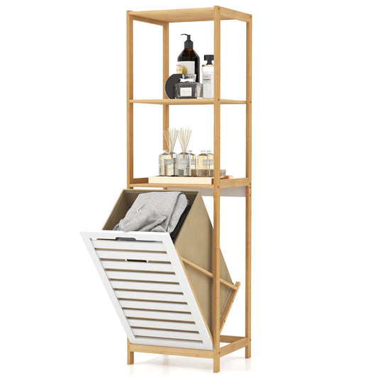4 Tier Bamboo Laundry Hamper with Tilt-Out Design & Storage Shelves