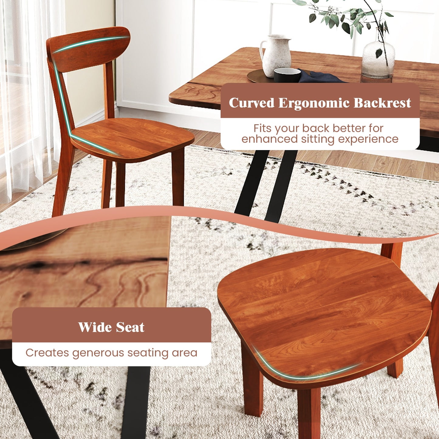Durable Solid Wood Dining Chairs with Ergonomic Curved Back and Sturdy Rubber Wood Frame Set of 2