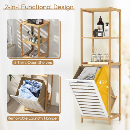 4 Tier Bamboo Laundry Hamper with Tilt-Out Design & Storage Shelves