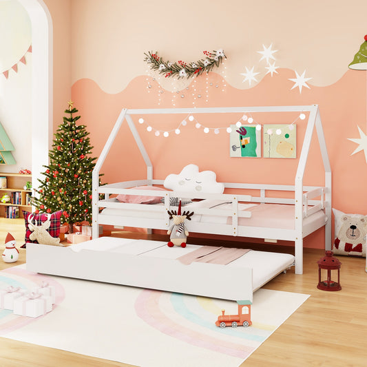 Kids Twin House Bed with Pull-Out Trundle and Safety Fence Rails – White