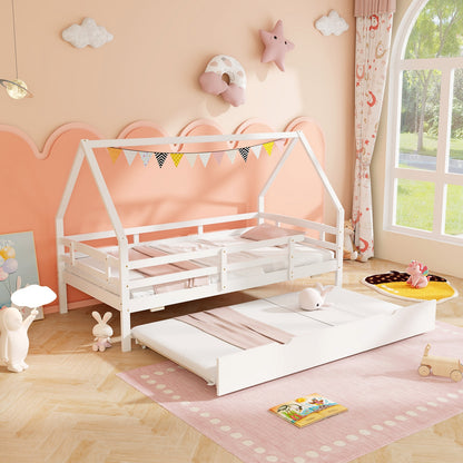 Kids Twin House Bed with Pull-Out Trundle and Safety Fence Rails – White
