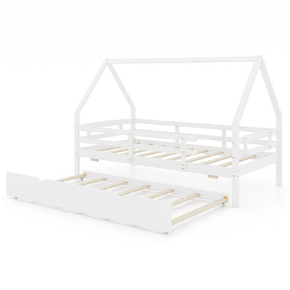 Kids Twin House Bed with Pull-Out Trundle and Safety Fence Rails – White