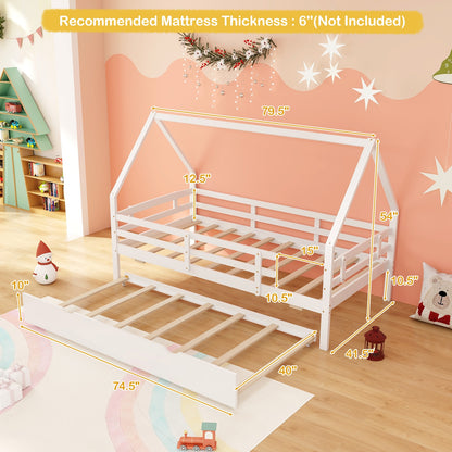 Kids Twin House Bed with Pull-Out Trundle and Safety Fence Rails – White