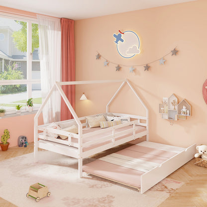 Kids Twin House Bed with Pull-Out Trundle and Safety Fence Rails – White