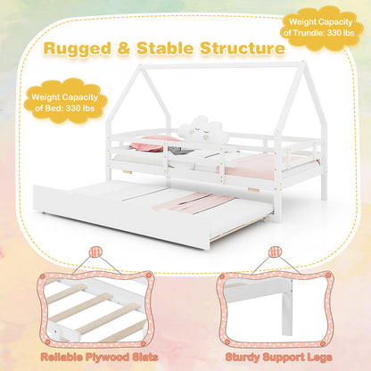 Kids Twin House Bed with Pull-Out Trundle and Safety Fence Rails – White