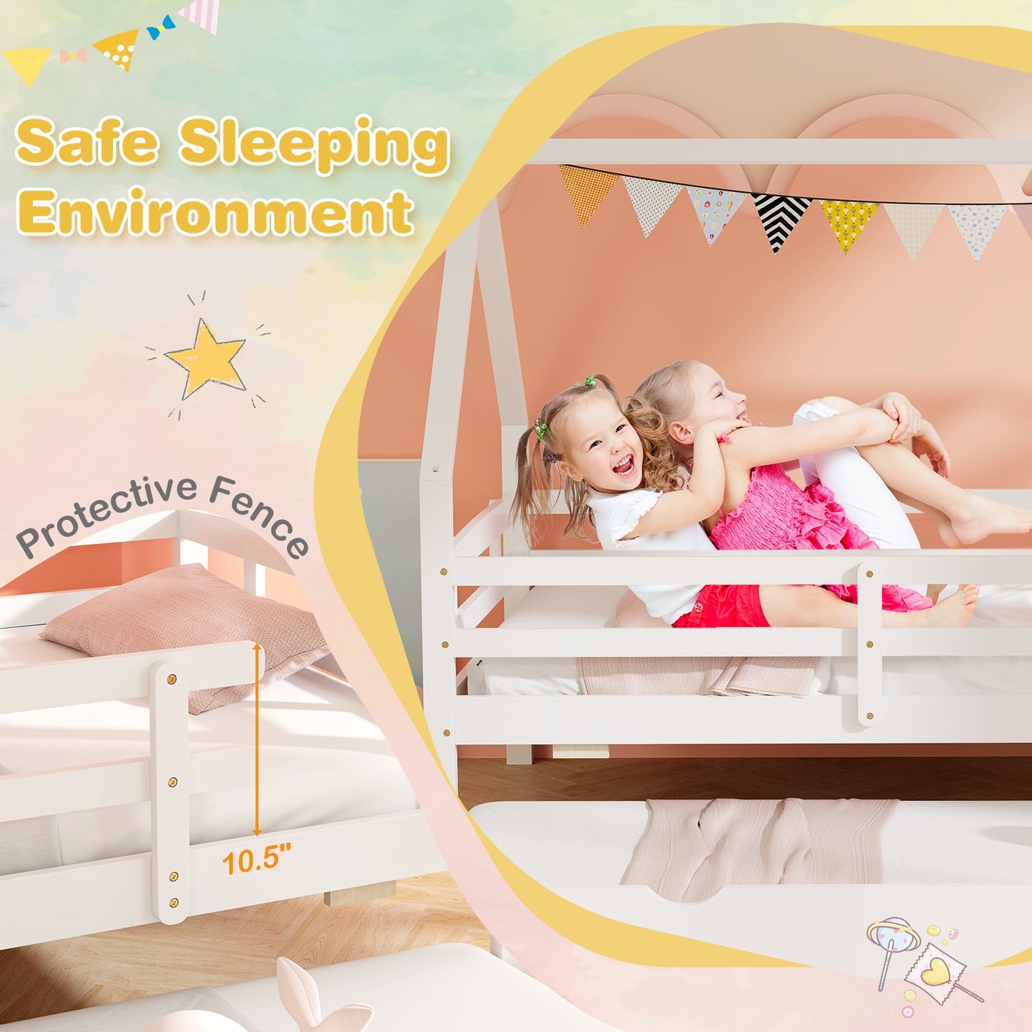 Kids Twin House Bed with Pull-Out Trundle and Safety Fence Rails – White