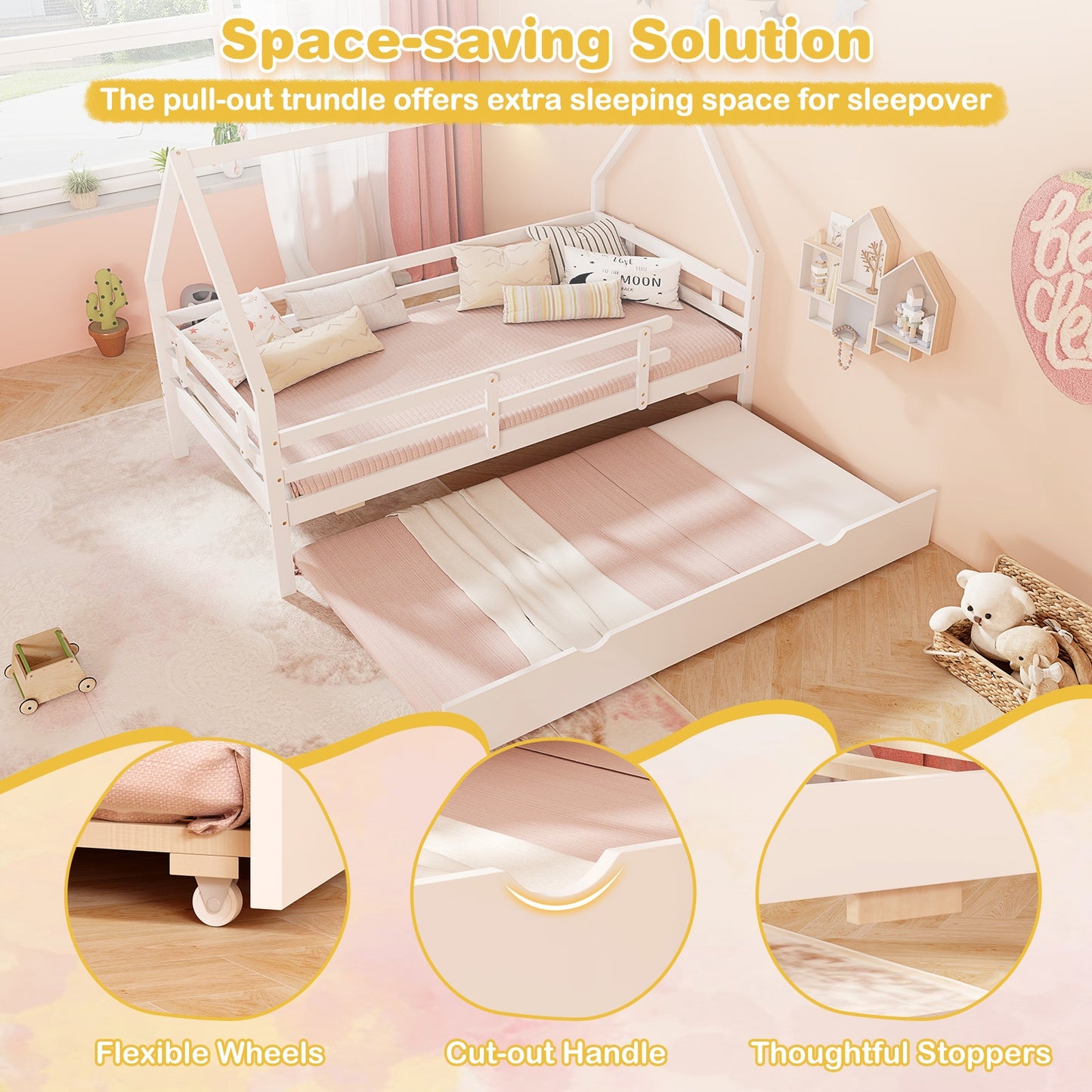 Kids Twin House Bed with Pull-Out Trundle and Safety Fence Rails – White