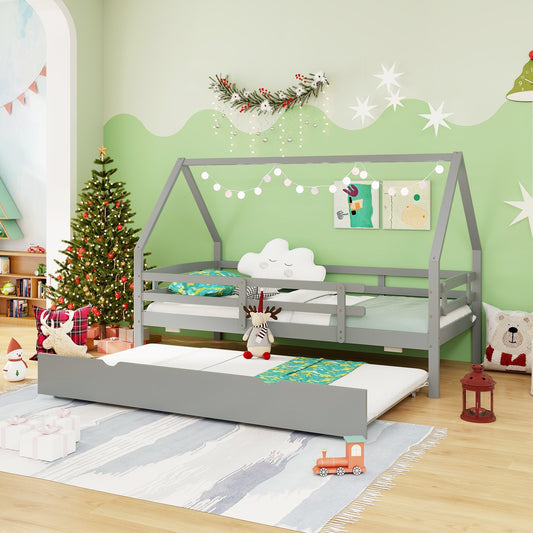 Kids Twin House Bed with Pull-Out Trundle and Safety Fence Rails – Grey