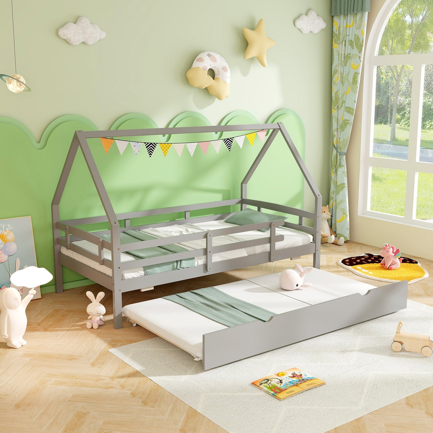 Kids Twin House Bed with Pull-Out Trundle and Safety Fence Rails – Grey
