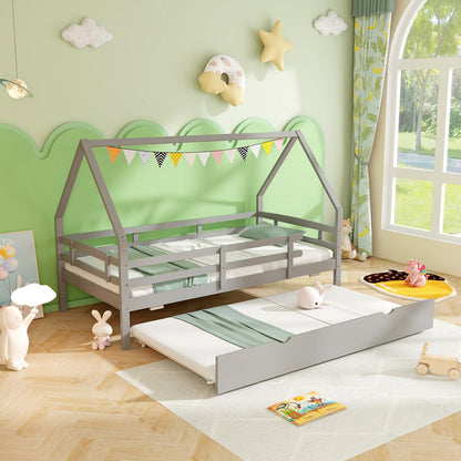 Kids Twin House Bed with Pull-Out Trundle and Safety Fence Rails – Grey