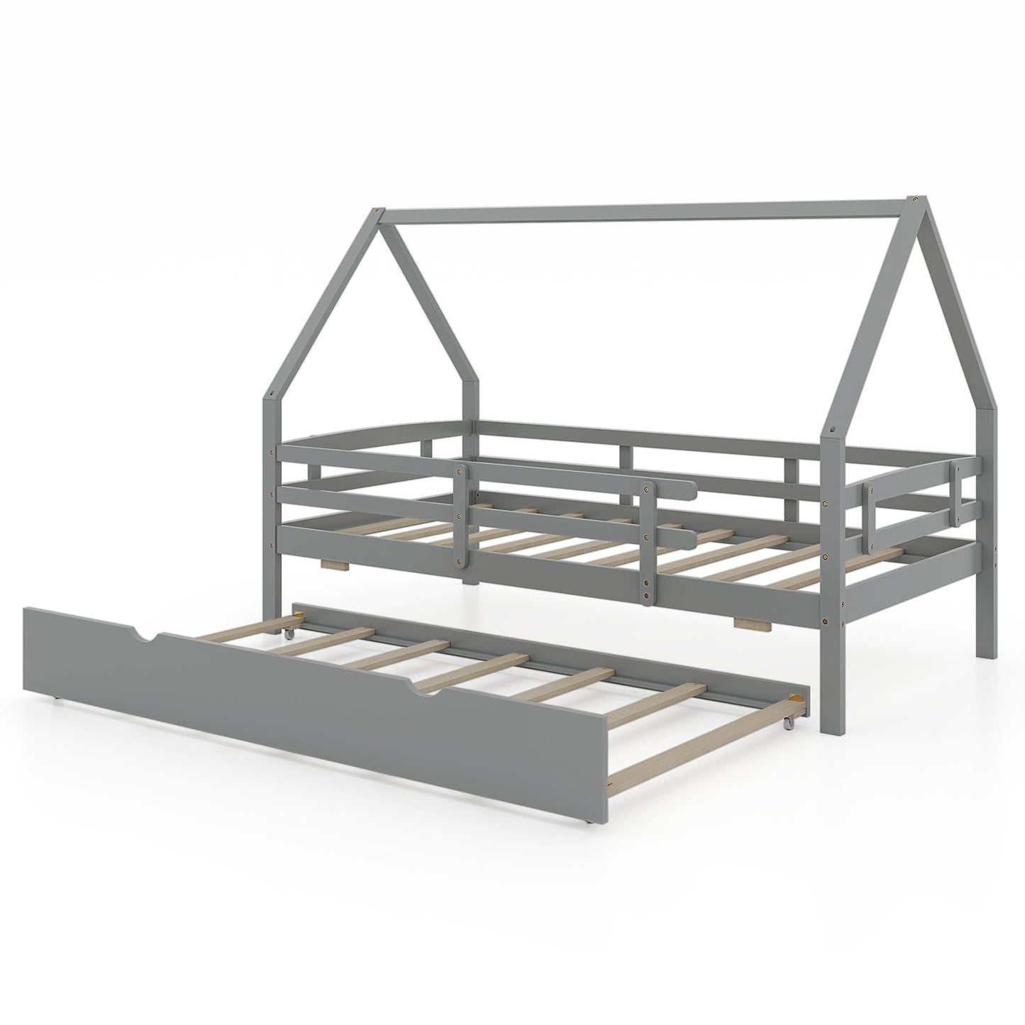 Kids Twin House Bed with Pull-Out Trundle and Safety Fence Rails – Grey