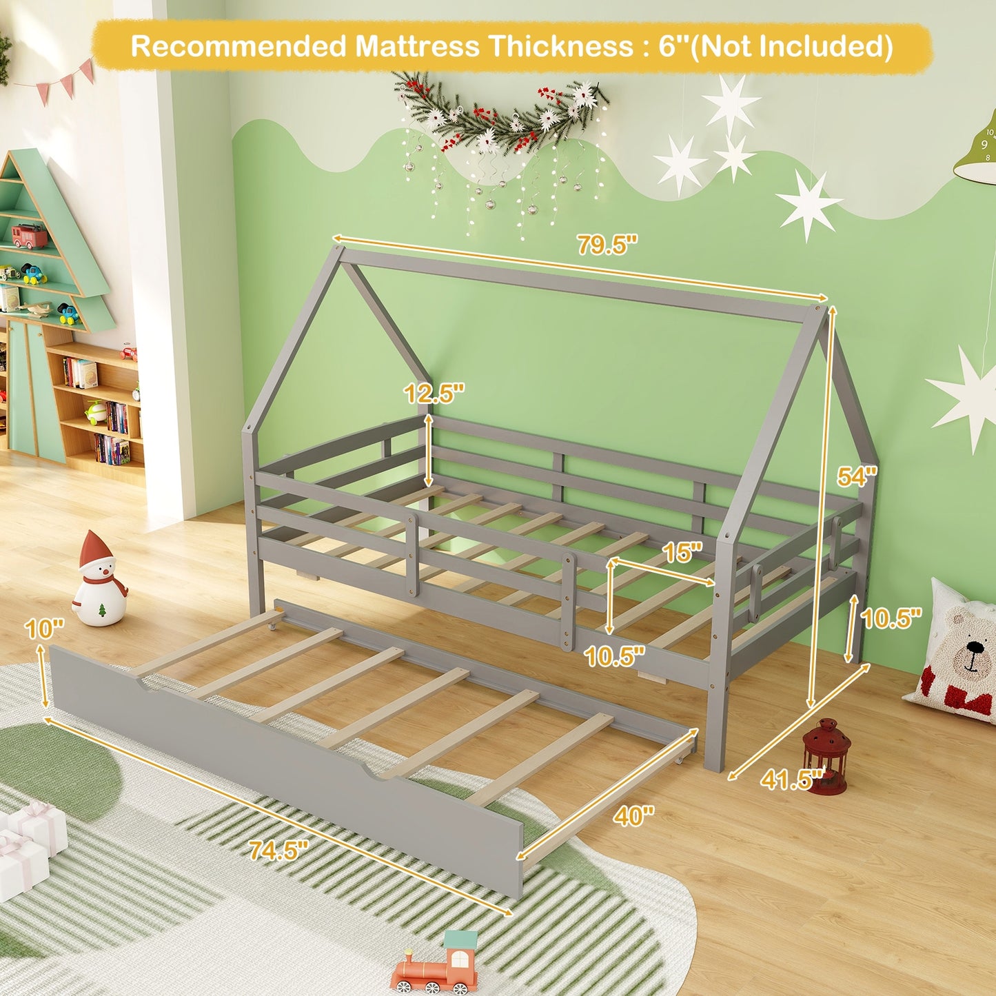 Kids Twin House Bed with Pull-Out Trundle and Safety Fence Rails – Grey