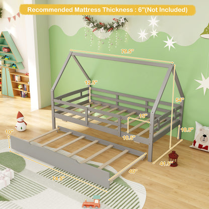 Kids Twin House Bed with Pull-Out Trundle and Safety Fence Rails – Grey