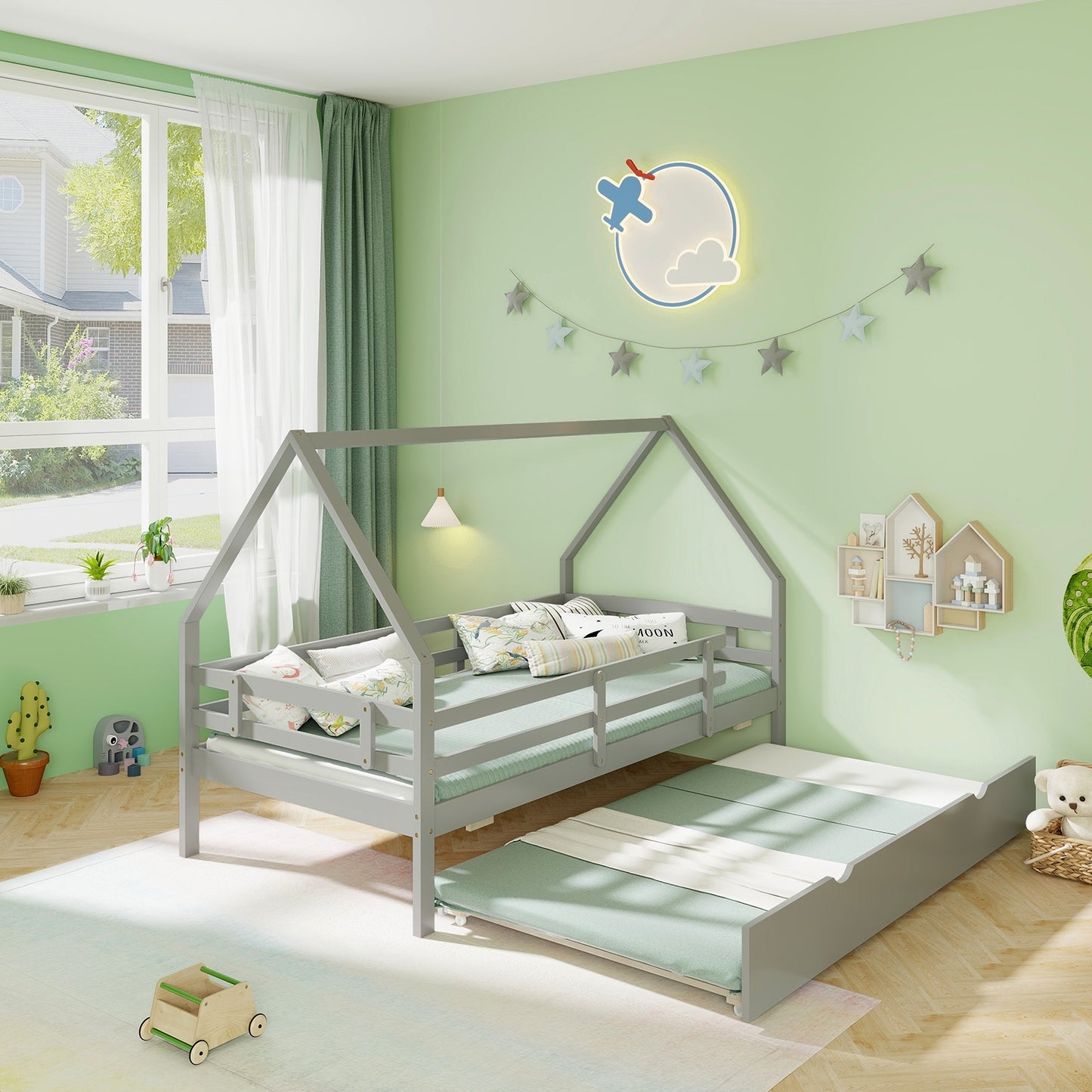 Kids Twin House Bed with Pull-Out Trundle and Safety Fence Rails – Grey