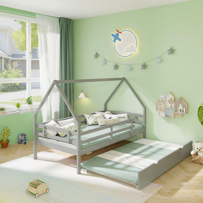 Kids Twin House Bed with Pull-Out Trundle and Safety Fence Rails – Grey