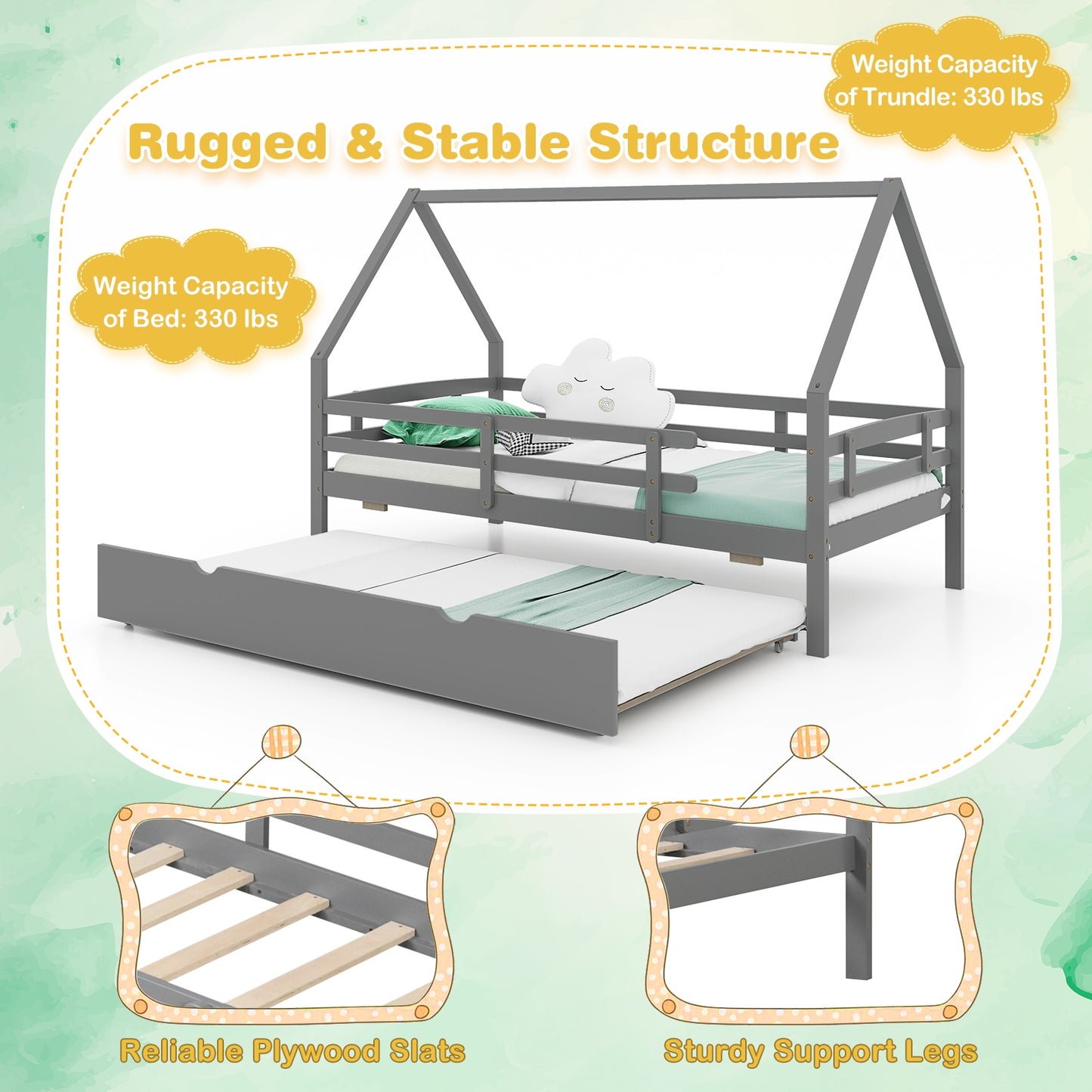 Kids Twin House Bed with Pull-Out Trundle and Safety Fence Rails – Grey