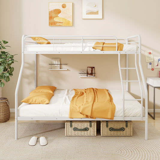 Sturdy Twin Over Full Metal Bunk Bed with Ladder, Safety Guardrails, and Under Bed Storage - White