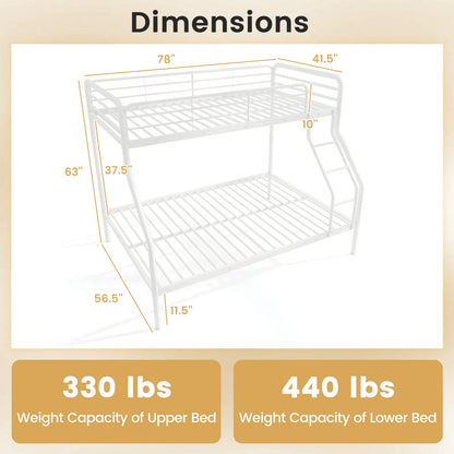 Sturdy Twin Over Full Metal Bunk Bed with Ladder, Safety Guardrails, and Under Bed Storage - White