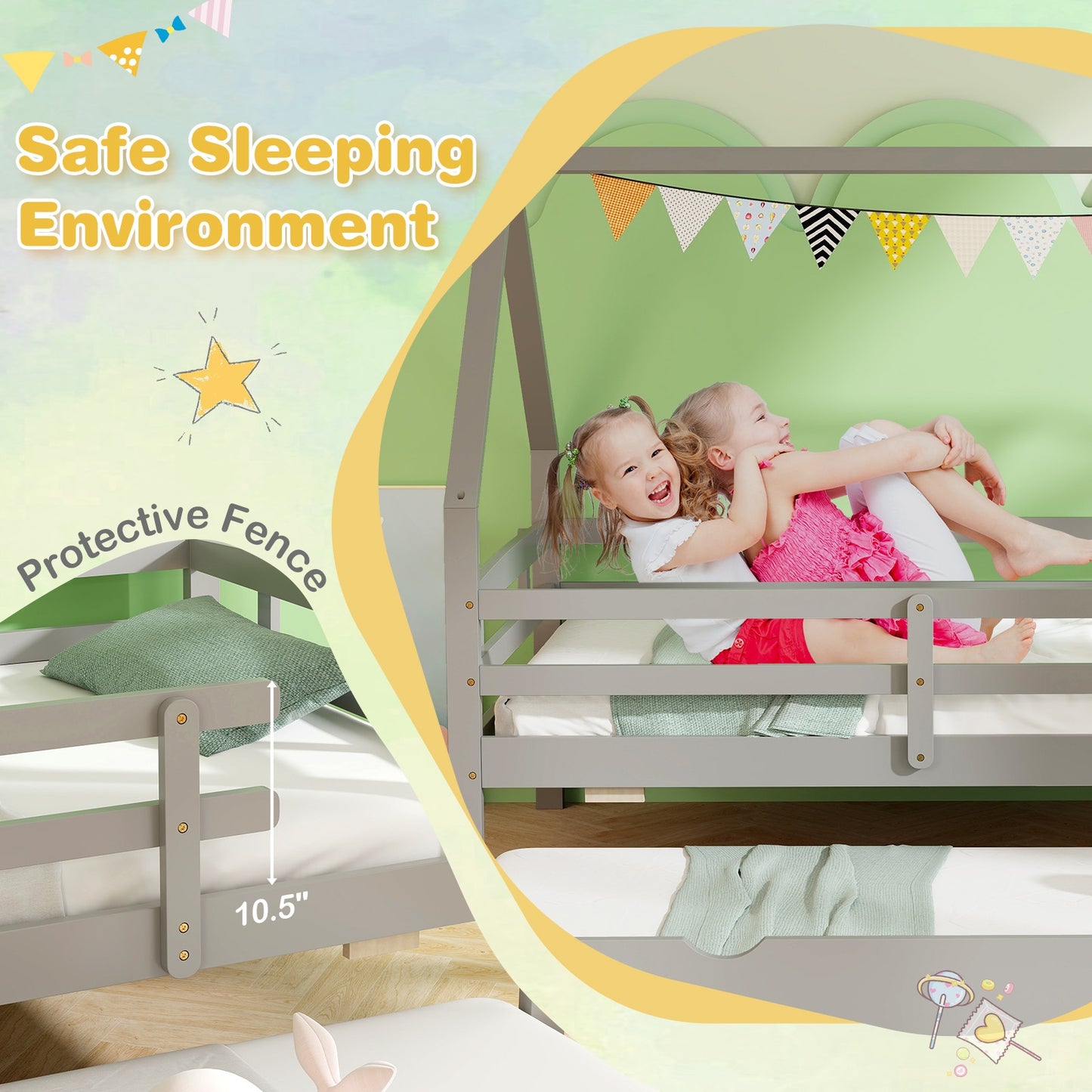 Kids Twin House Bed with Pull-Out Trundle and Safety Fence Rails – Grey