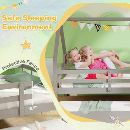 Kids Twin House Bed with Pull-Out Trundle and Safety Fence Rails – Grey